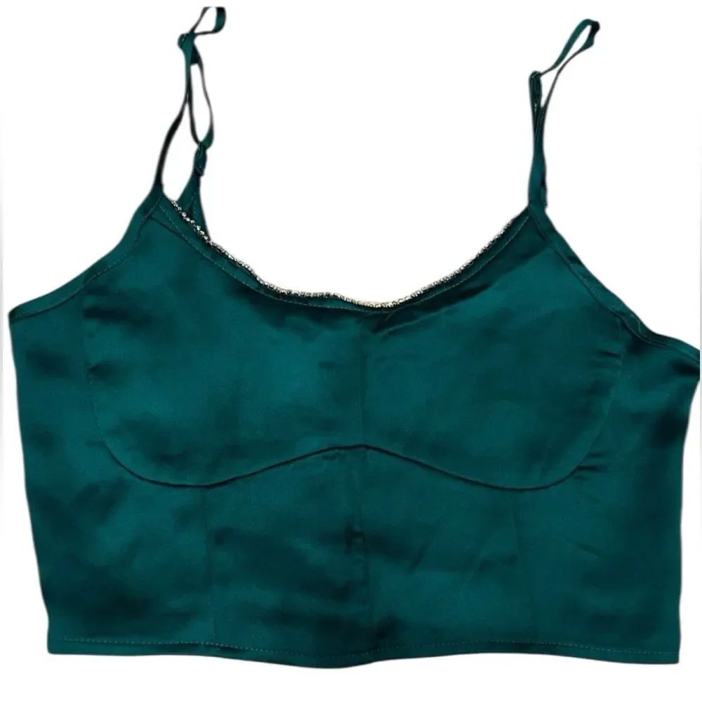 House of Harlow 1960 green Teal Satin Crop Top diamond gemstones extra small